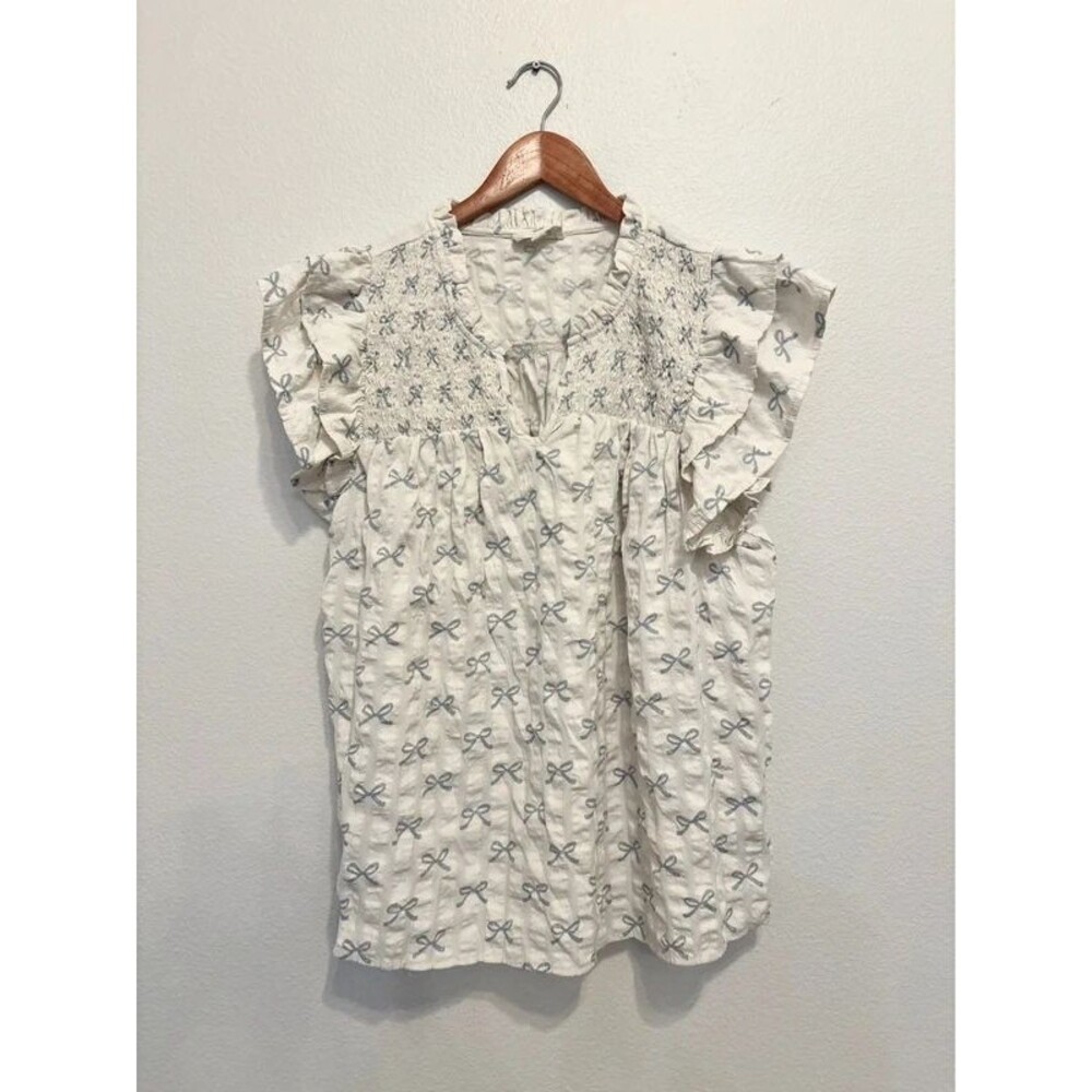 Umgee Bow Print Blouse Size L / Coquette Smocked Ruffle Cap Sleeve Top